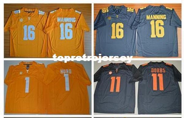 

tennessee volunteers college 16 peyton manning 11 joshua dobbs yellow grey white color embroider logos football jerseys, Black;red