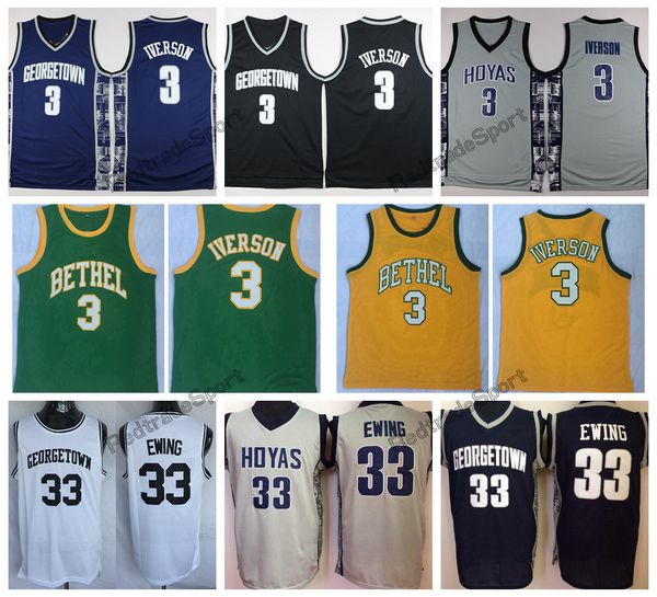 MI08 Vintage Georgetown Hoyas Allen Iverson #3 Kolej Basketbol Formaları Patrick Ewing 33 Yeşil Bethel Lisesi Dikişli Gömlekler Erkek Gri Mavi