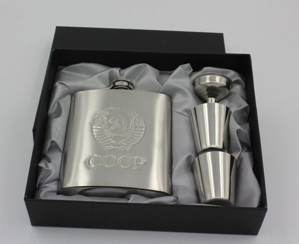 

50sets/lot cccp 7 ounce stainless steel hip flask male hip flask querysystem 7oz gift set 265g 2 cups