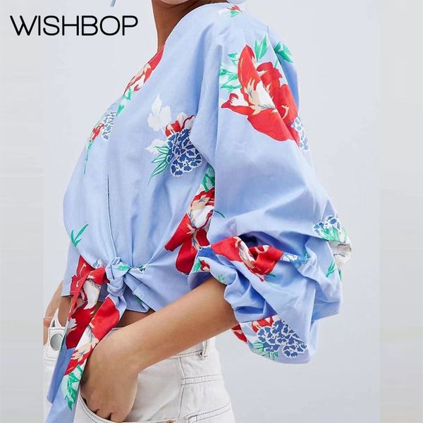

2018 wishbop new spring/summer hawaiian tropical print puff sleeves blouse - women's print kimono - women hawaiian shirts, White