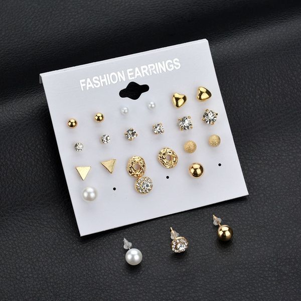 

12 pair/set women girl fashion pearl crystal heart stud triangle earring set jewelry for women birthday gift support fba drop shipping h305r, Golden;silver