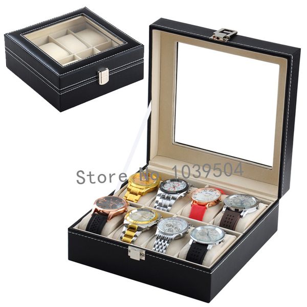 

square 8 grids leather watch display box quanlity watches box upscale solid watch storage boxes jewelry packing d185, Black;blue