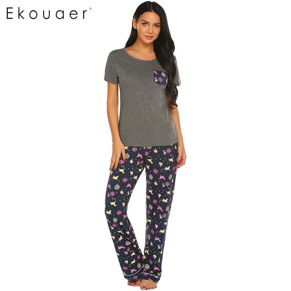 

ekouaer women pajamas set nightwear causal soft front pocket o-neck short sleeve and long sleepwear pajama set home clothes, Blue;gray