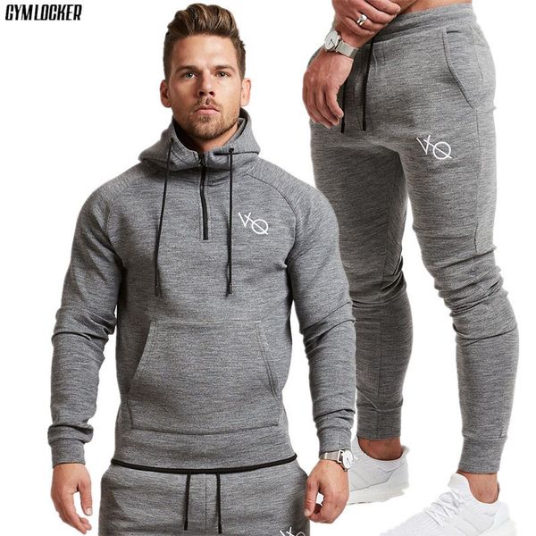 

gymlocker autumn gyms men's sets fashion sportswear tracksuits sets men's gyms slim fit hoodies+pants casual outwear suits, Gray