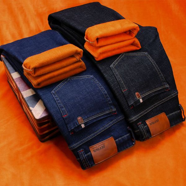 

2018 winter new mens fleece jeans warm thicken grey fleece jeans regular straight fit elasticity denim trousers big size 42, Blue