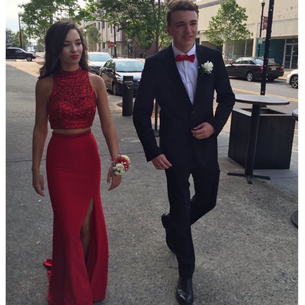 

two piece beaded prom dresses with a slit halter evening formal dresses graduation party dresses banquet gown, Black