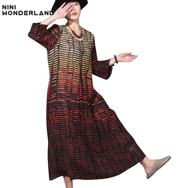 

nini wonderland new spring summer vintage printed cotton linen o-neck wrist sleeve dress for women thin clothes printing dresses, White;black