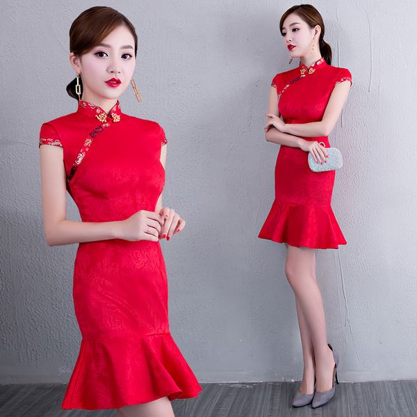 

modern cheongsam new slim red fishtail wedding cheongsam vintage modified banquet toast short wedding chinese dress
