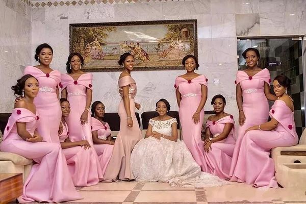 

2020 new mermaid african bridesmaid dresses pink off shoulder flowers crystal sashes satin party wedding guest dress maid of honor gowns, White;pink