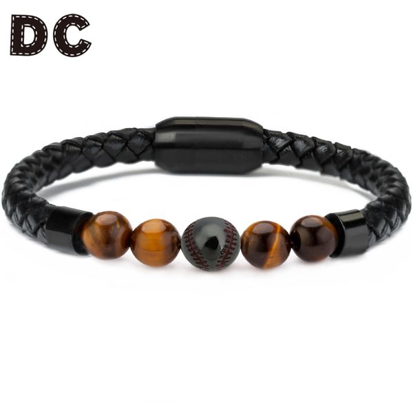 

dc 2018 new pu leather bracelet for men and women vintage stainless steel clasps rope braided baseball charms bracelets bangles, Golden;silver