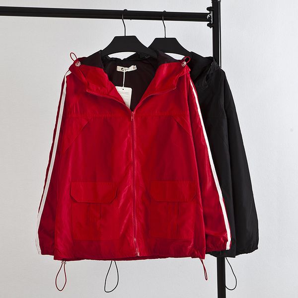 

spring fashion women windbreaker basic coats black red bomber jacket pocket zipper hooded outwear woman plus size xl-4xl 17-49f, Tan;black