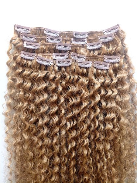 22inch Brasileiro Virgem Humana Remy Kinky Curly Cabelo Trama Natural Tece escura Loira Luz Castanho 270 # Duplo Clipe desenhado em extensões