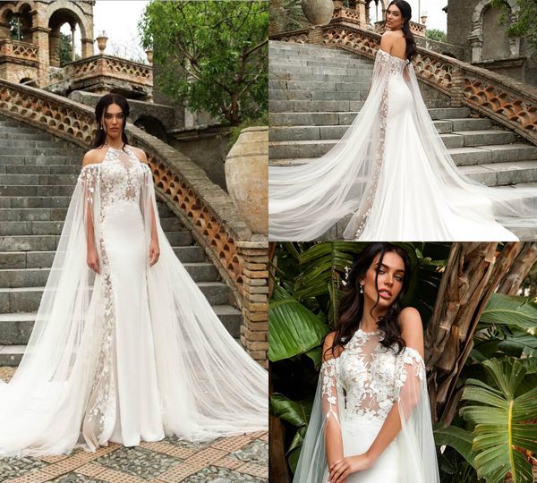 Sereia vestidos de noiva halter com manga longa lace applique varrer trem elegante boho vestido de noiva ilusão plus tamanho vestidos de casamento