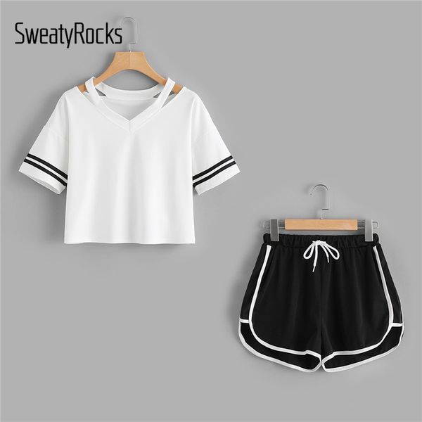 

sweatyrocks stripe sleeve & drawstring contrast trim shorts summer stretchy sporting 2piece women v neck casual clothing, White