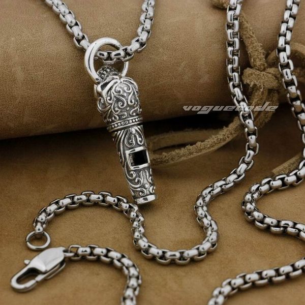 

linsion 925 sterling silver ingenious skull whistle model(soundless) biker pendant 9e020 stainless steel necklace 24 inches