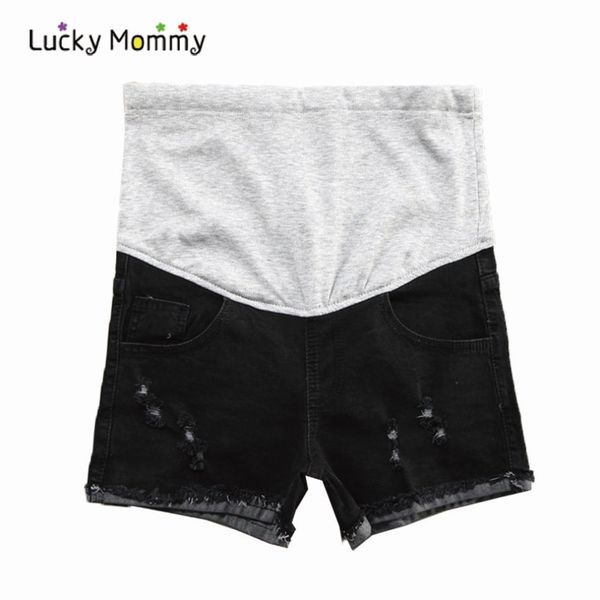 

summer new holes black maternity jeans pants women's denim shorts with high waist pregnancy clothes for pregnant women, White