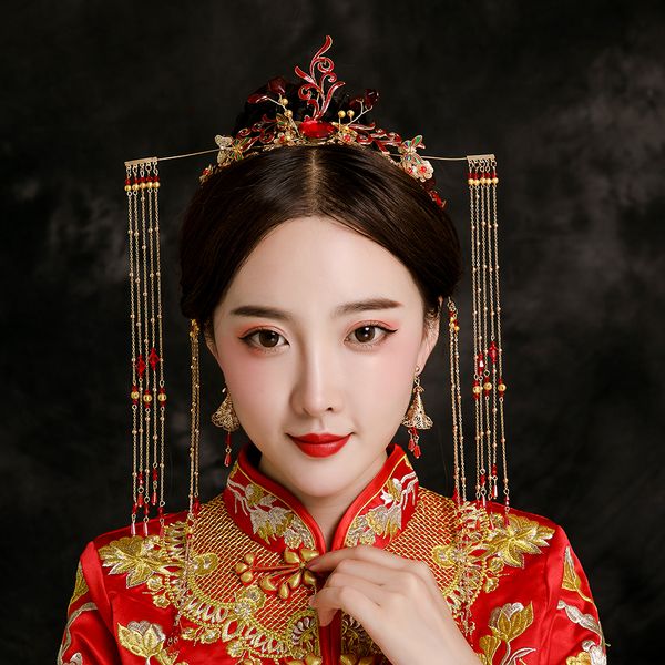 

chinese bride headdress costume phoenix crown pgraphy wedding hair accessories tassel headpiece red beaded hairband ornament, Slivery;golden