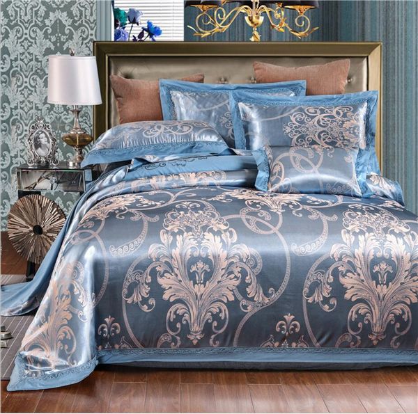 

blue tencel jacquard bedding sets luxury embroidered satin quilt cover flat sheet pillowcases wedding bed cover king  size