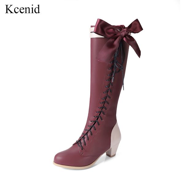 

kcenid 2018 new fashion cross-tied bowtie mid-calf women boots spike heel zipper boots winter warm shoes woman plus size 32-48, Black