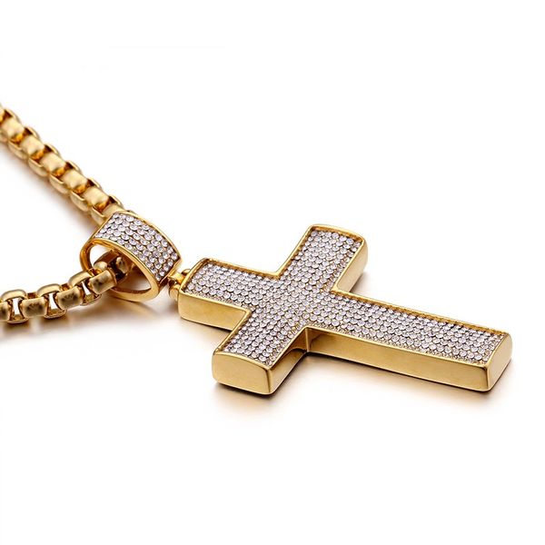 

new european and american stainless steel jewelry wholesale men's necklace hip-hop cz cross titanium steel pendant, Black