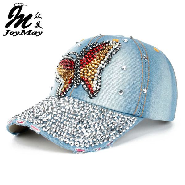 

joymay 2015 new fashion design bling hat&cap colorful butterfly denim jean baseball cap for lady full rhinestones on visor b220, Blue;gray