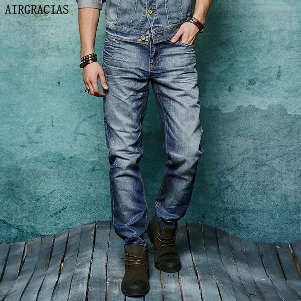 

airgracias full length jeans men classic retro nostalgia straight 100% cotton mens jean pants trousers biker jean 28-38, Blue