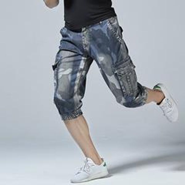 

2018 summer men retro cargo denim shorts vintage acid washed faded multi-pockets style biker short jeans plus size 40, White;black