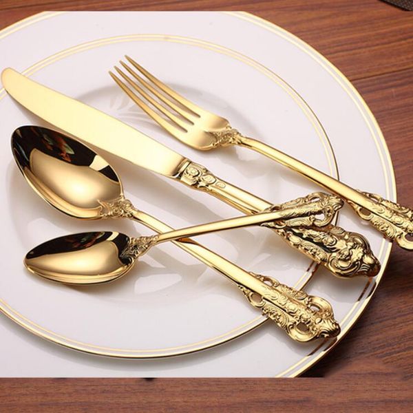 

4pcs luxury golden dinnerware set gold plated stainless steel cutlery wedding tableware dining knife fork tablespoon