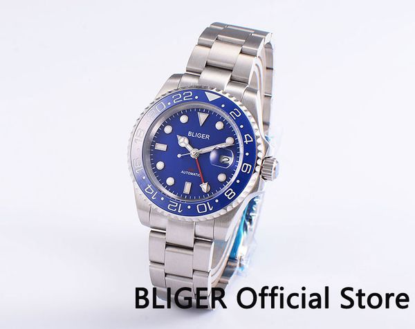 

sapphire crystal 40mm bliger blue dial blue ceramic bezel luminous gmt function date magnifier automatic movement men's watch, Slivery;brown