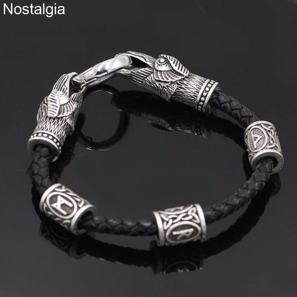 

nostalgia odins raven leather viking bracelet accesorios vikingos scandinavian runic personalized rune bead custom norse jewelry, Black