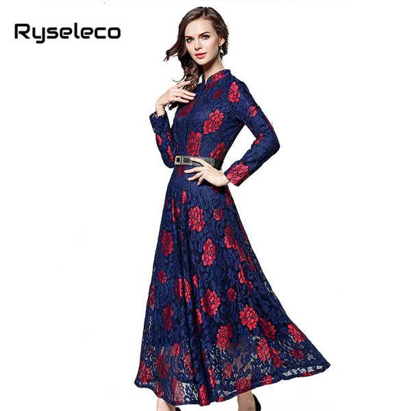 

new maxi lace dress slim fashion hollow out work casual button up long dresses women fall winter a-line big vintage vestido, White;black