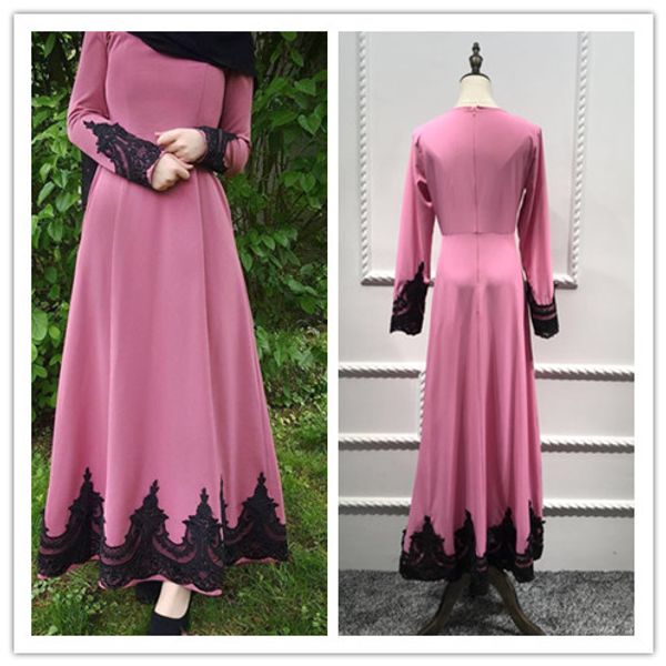 

women long sleeve a-line maxi dress muslim lace patchwork kaftan dress ankle length elegant casual dress, Red