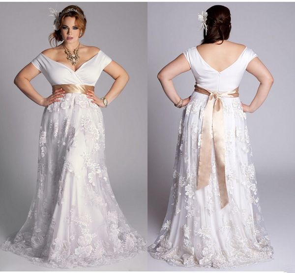 

Plus Size 2018 Prom Dresses Off Shoulder Short Sleeves Lace Applique Evening Gowns Sweep Train Vintage Long Formal Party Dress