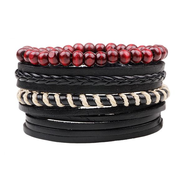 

4pcs/set boho gypsy hippie punk black leather beige cord wrap knots red wooden beads layers adjustable bracelets set for man, Golden;silver