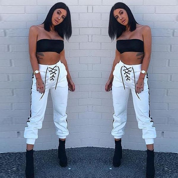 

straps lace up patchwork high waist slim casual pants, Black;white