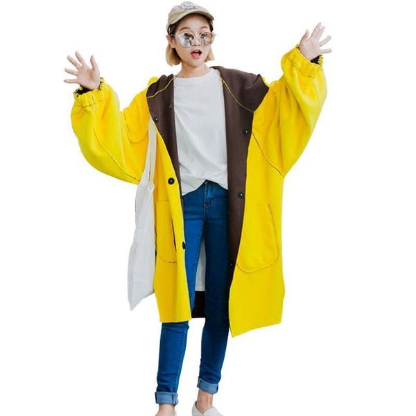 

version of loose large size hooded on both sides wear female long section bf harajuku woolen coat, Black