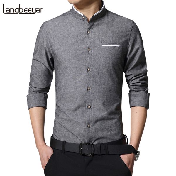 

новая мода повседневная мужчины твердые рубашки с длинным рукавом мандарин воротник slim fit рубашки мужчины корейский бизнес мужские рубашк, White;black