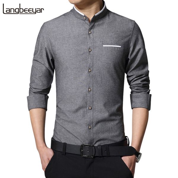 

new fashion casual men solid shirt long sleeve mandarin collar slim fit shirt men korean business mens dress shirts men clothes  -5xl, White;black