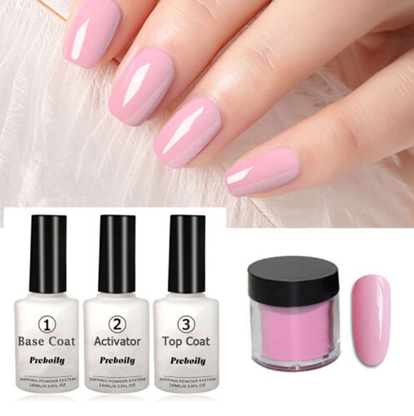 Hot 4 in 1 Kit di strumenti per immersione con colori rosa nudo brillante Set 10 g/scatola 16 ml Base Top Coat Attivatore Dip Polveri Unghie Colore