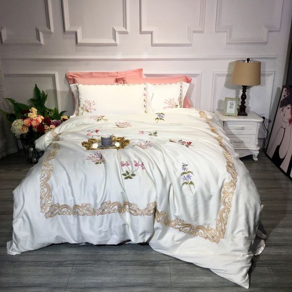 

simple creamy white luxury pastoral embroidery 60s egyptian coon bedding set  king size duvet cover bed sheet pillowcases