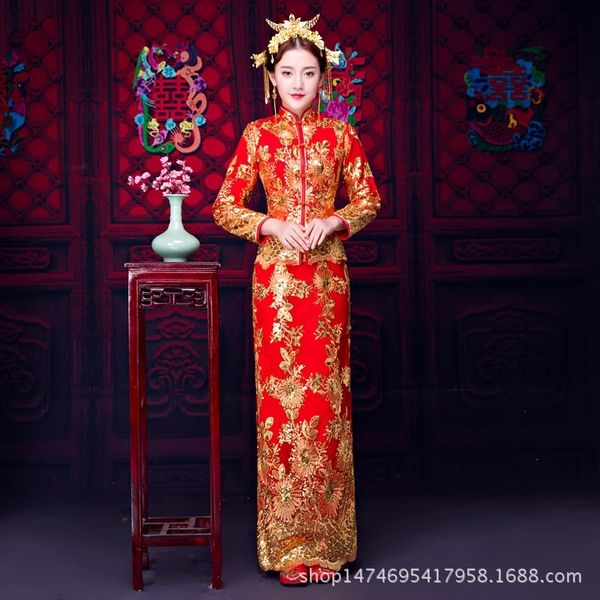 

traditional wedding gown new bride dress chinese cheongsam phoenix vintage dresses elegant china qipao robes oriental wholesale, Red