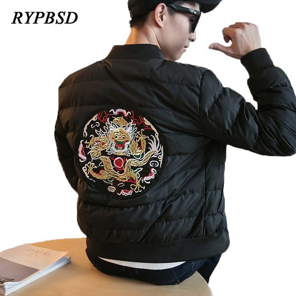 

chinese style retro baseball collar cotton padded jacket men parka large size 5xl slim dragon embroidery men jacket outwear, Black;brown