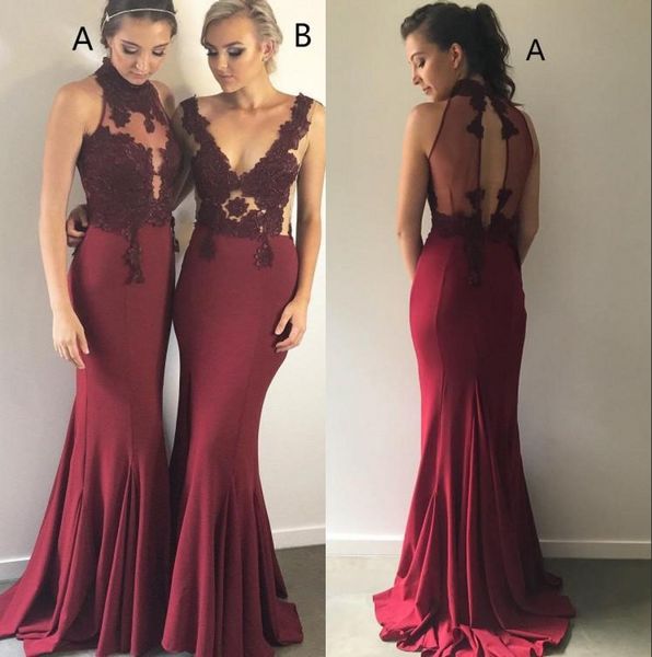 

2018 burgundy high neck satin mermaid long bridesmaid dresses tulle lace applique wedding bridal guest party maid of honor prom dresses, White;pink