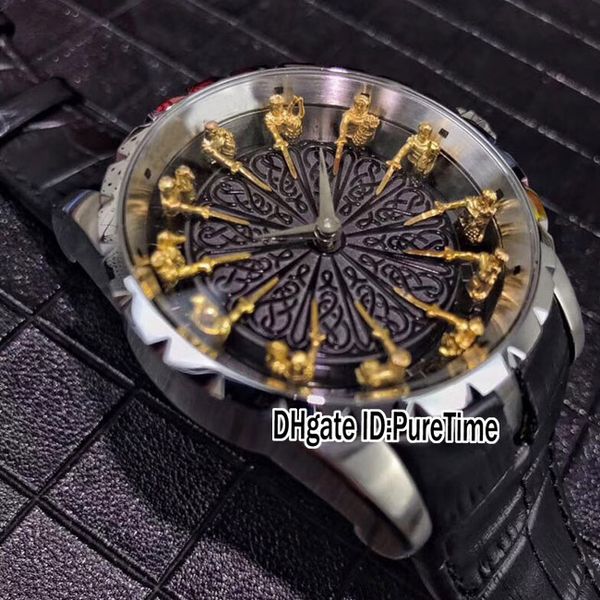 

new excalibur 45 rddbex0511 steel case 18k yellow gold knights of the round table black enamel dial automatic mens watch black leathe b42c3, Slivery;brown