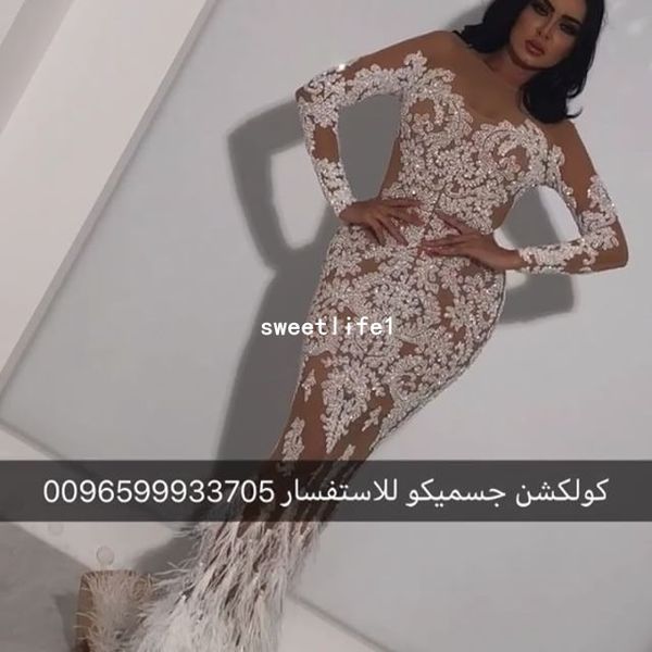 

yousef_aljasmi 2019 nude tulle long sleeve evening dresses white appliques zipper back mermaid feather formal prom dresses dubai arabic, Black;red