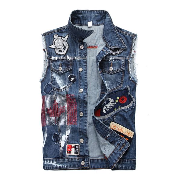 

trendy jean vest jacket mens slim fit rock hip hop streetwear men vest denim jackets patch badges scratched teen, Black;white