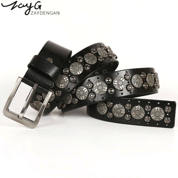 

zayg fashion punk pin buckles carved rivet belts national wind retro leather belt unique men and woman belt jeans designer belts, Black;brown