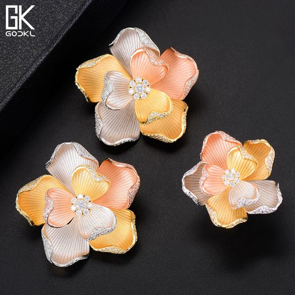 

godki 3 tone super luxury flower cubic zircon crystal cz engagement earring ring sets for women wedding dubai bridal jewelry set, Silver