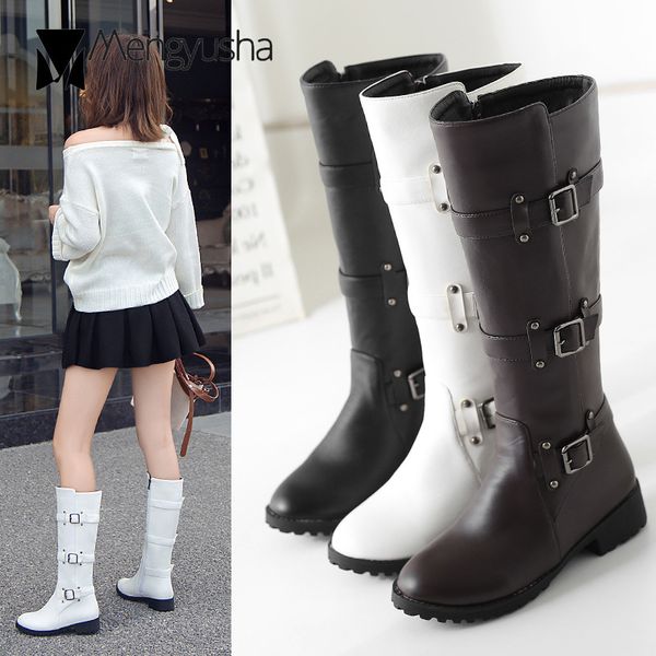 

big size 34-43 leather knee-high long boots women rivets buckle belt knight's booties low heels ladies roman motorcycle botas, Black