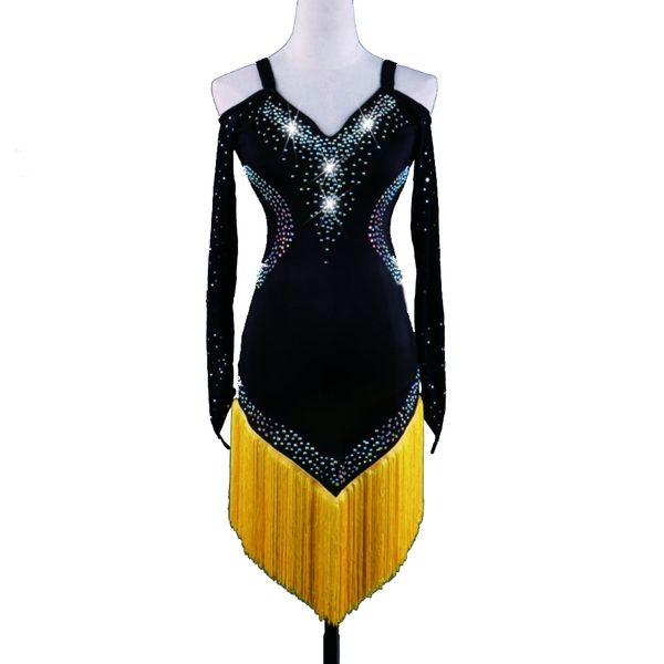 

latin samba dance dress women girls prom dress salsa dance competition dresses tango ballroom d0336 tassels rhinestones long mesh sleeve, Black;red